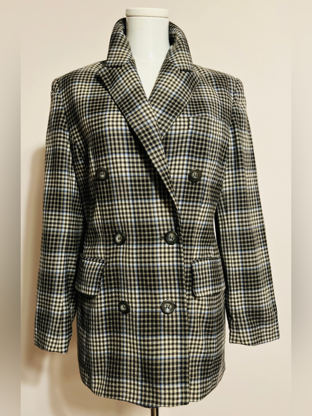 Laurel by Escada Double-Breasted Plaid Wool Blazer